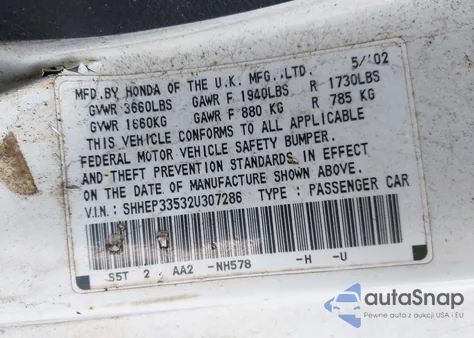 2002 Honda Civic Si z USA, uszkodzony, nr VIN SHHEP33532U307286